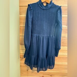 Lulus Blue Smocked Mini Dress Sheer Sleeves Cottagecore Boho L